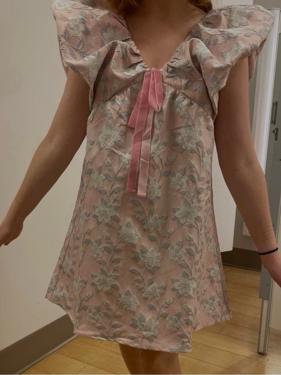 Day + Moon Dresses & Skirts - Pink Floral Ruffle Mini Dress with Velvet Tie